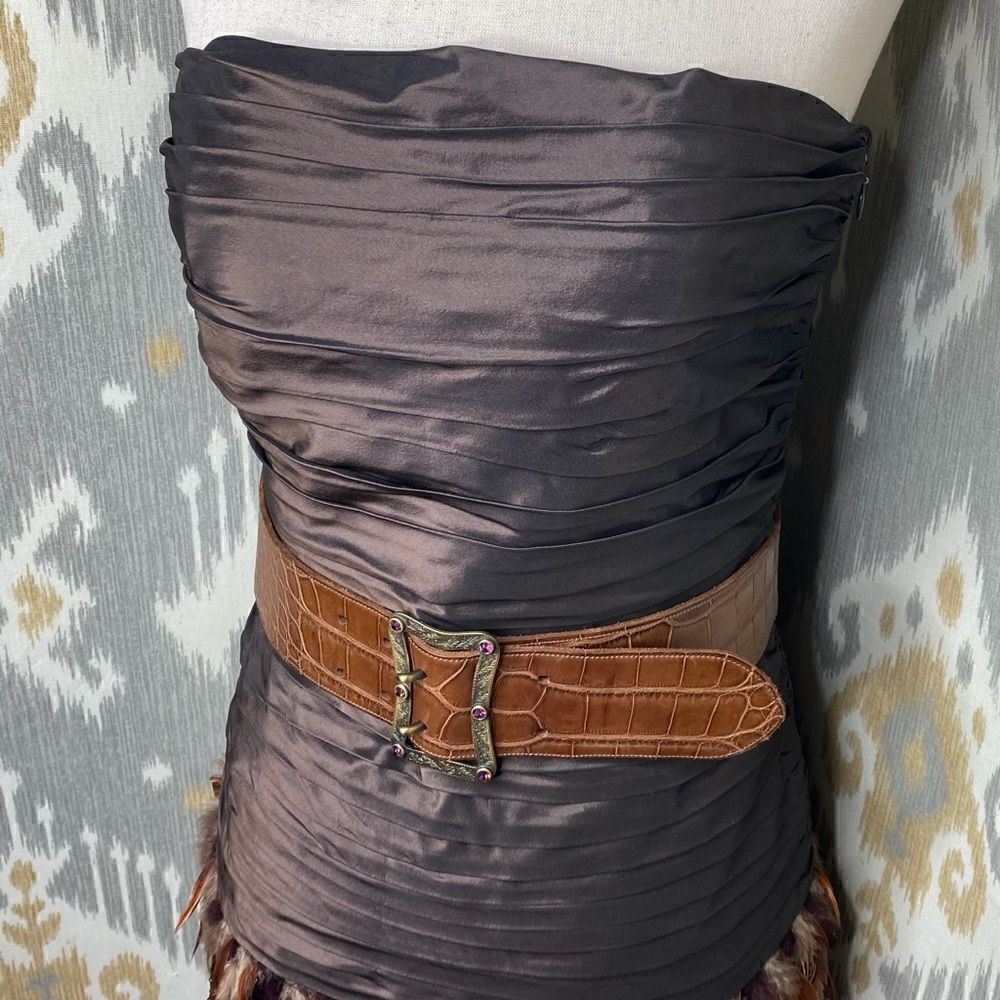 Ralph Lauren Vintage Brown Ruched Silk Taffeta Pheasant Feather Cocktail Dress - Picture 8 of 16